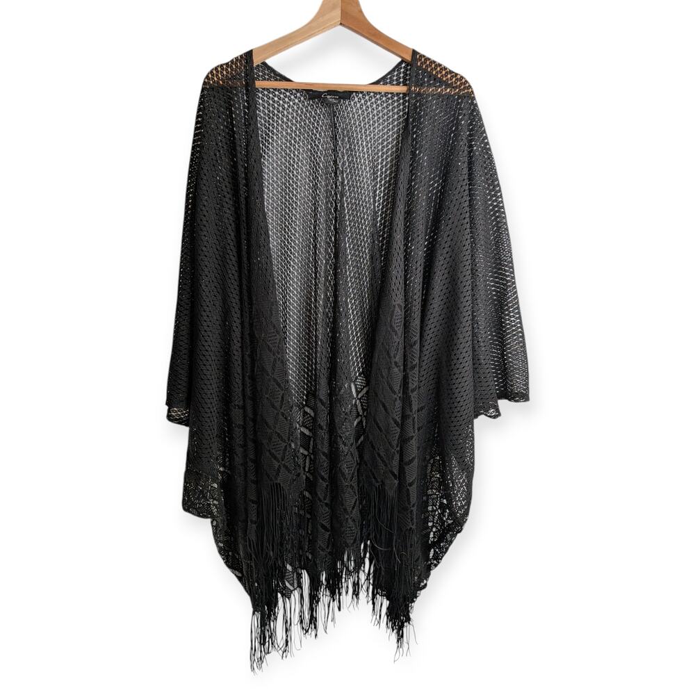 Cejon Black Crochet Tasseled Shawl ~ Sheer kimono cover
